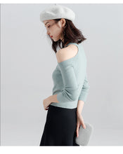 Load image into Gallery viewer, Long-sleeved sweater pullover women halterneck sweater slim hollow out strapless T-shirt