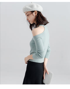 Long-sleeved sweater pullover women halterneck sweater slim hollow out strapless T-shirt