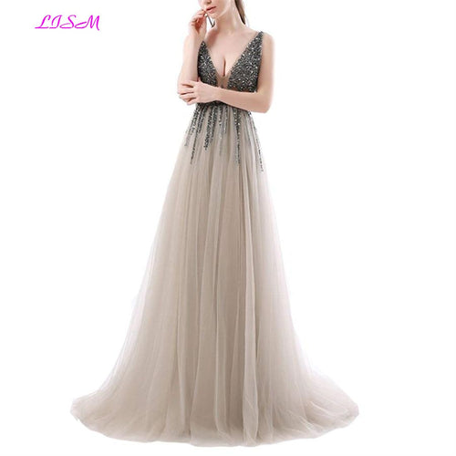 Luxury Beaded Evening Deep V-neck Sequins Tulle Prom Dress